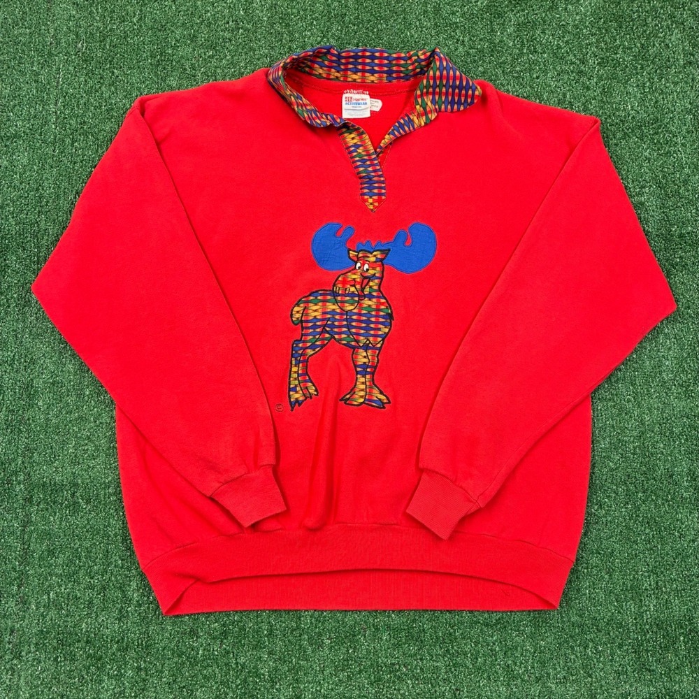 Vintage 90s Embroidered Plaid Cartoon Moose Graphic Polo Crewneck